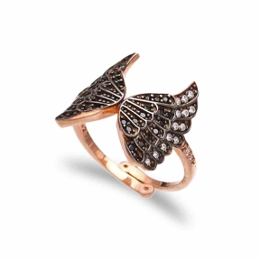 Black Zircon Fairy Wing Design Turkish Wholesale Handcrafted Adjustable Silver Ring Jewellery